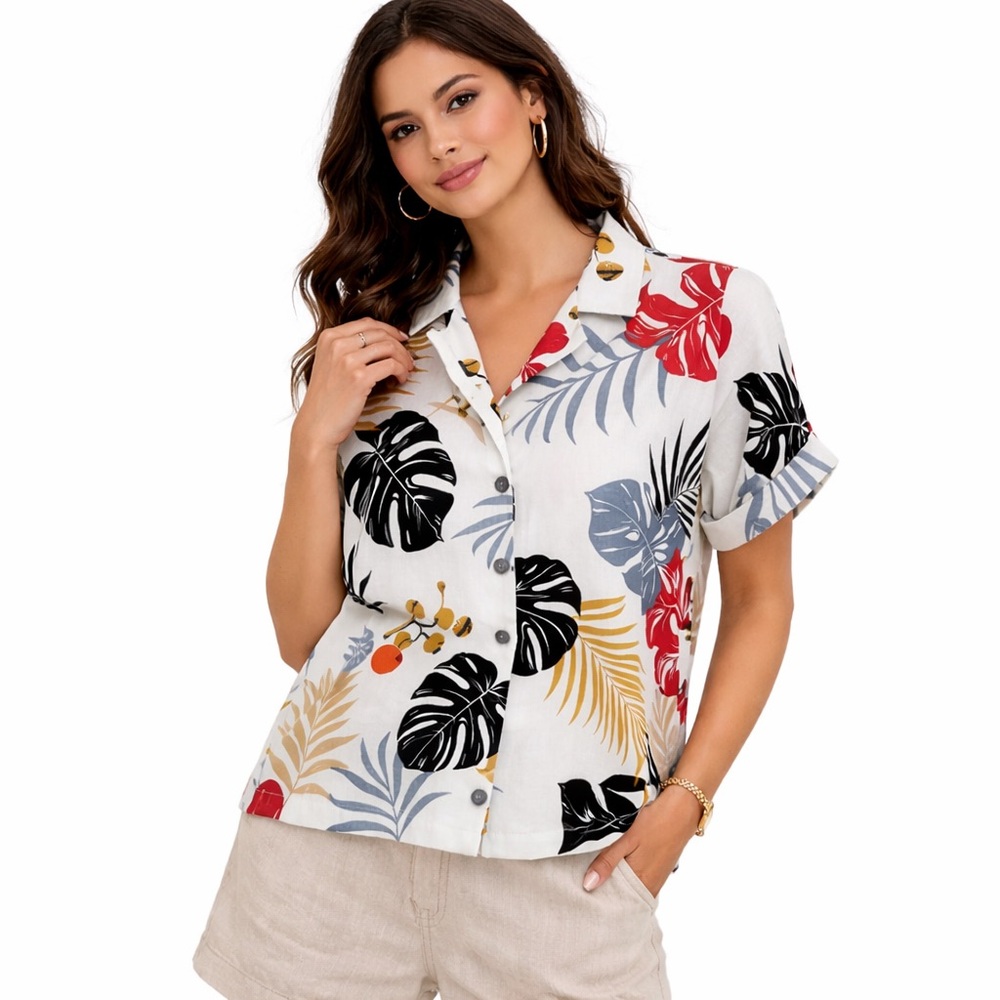 NWT Monteau Los Angeles Tropical Print Linen Blend Shirt – XL Coastal Beachy